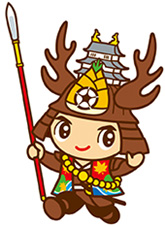 右手に槍を持ち走るポーズをとっている大多喜町のキャラクターおたっきーのイラスト