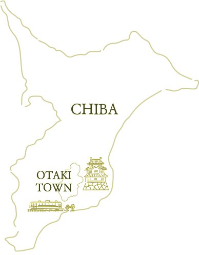 千葉県の地図。大多喜町が白く塗られており千葉県の南部に位置するのが分かる地図。